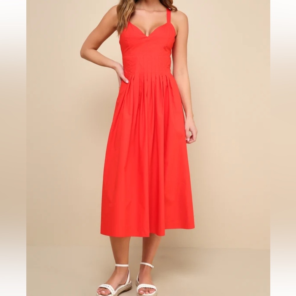 Lulus Strolling Sicily Red Pleated Backless Midi Dress With Pockets size XL